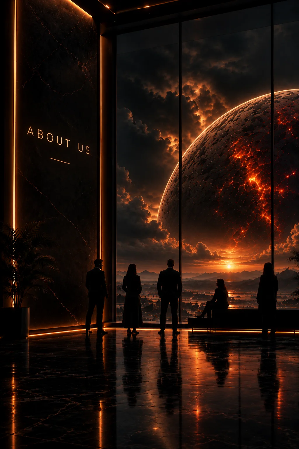 EMBER team looking out at a burning volcanic world from a dark modern interior