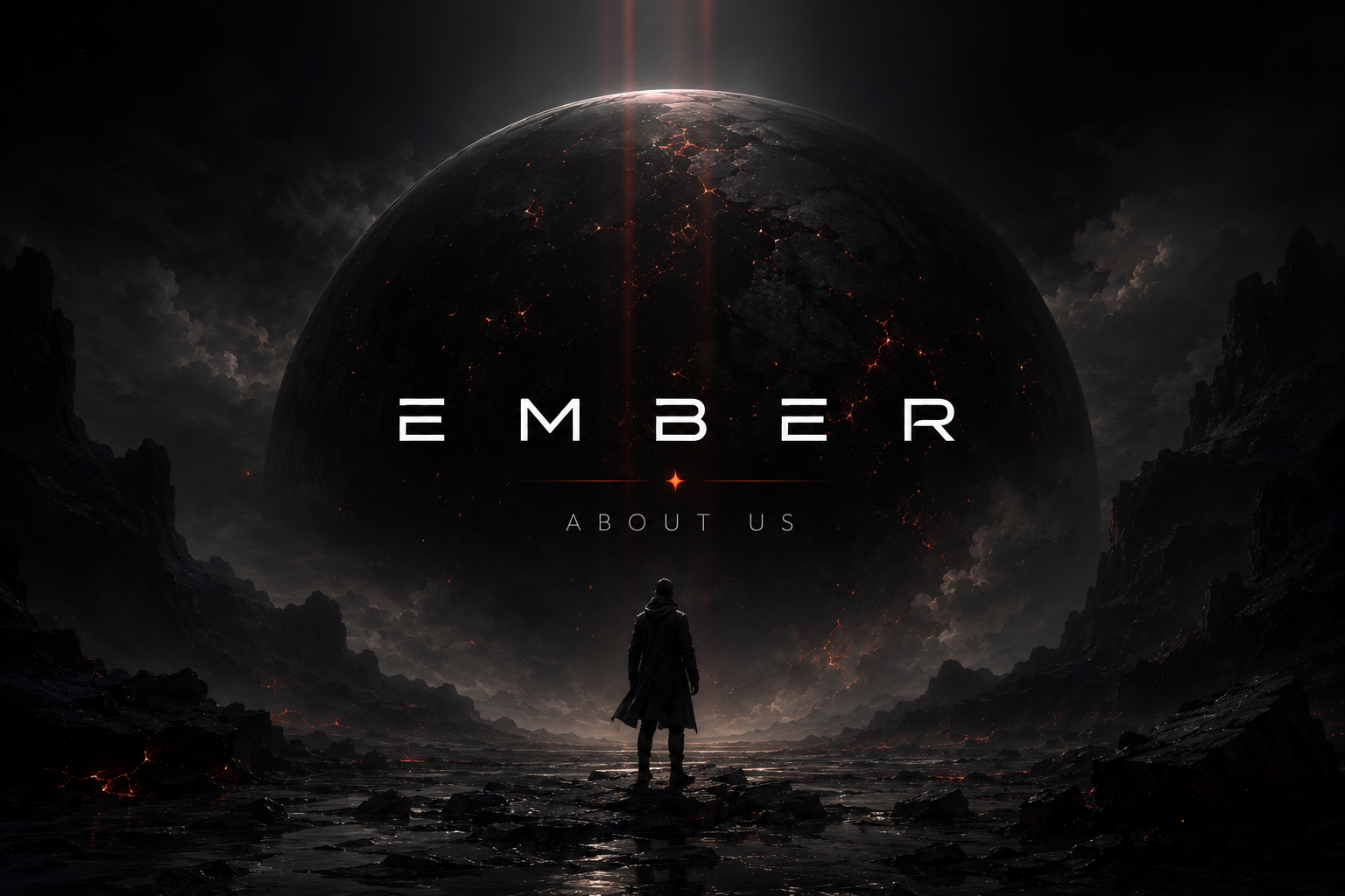 EMBER: a lone figure stands before a vast volcanic world under a burning lava planet